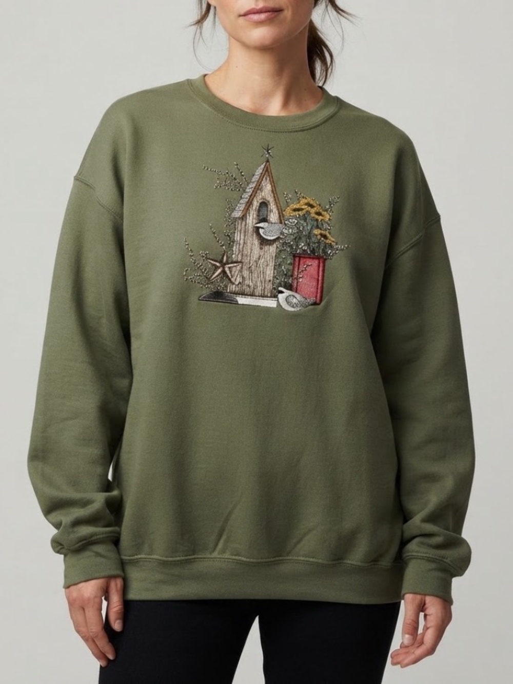 Olive Green Crewneck Sweater with Embroidered Birdhouse Motif